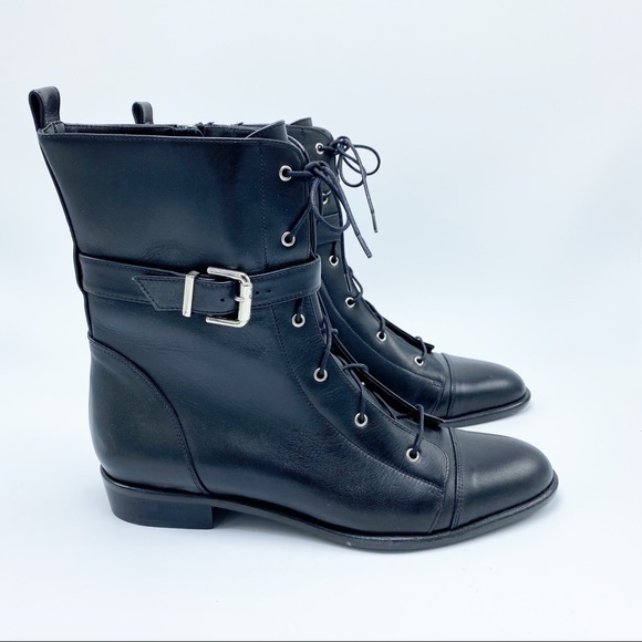 NEW Claudia Ciuti Sz 8 Black Cap Toe Lace Up w/ Zip Combat Leather Boots Booties - Picture 2 of 8